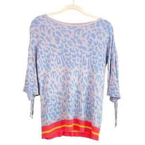 Maude Vivante Anthropologie Blue Leopard Flutter Sleeve Bow Sweater S